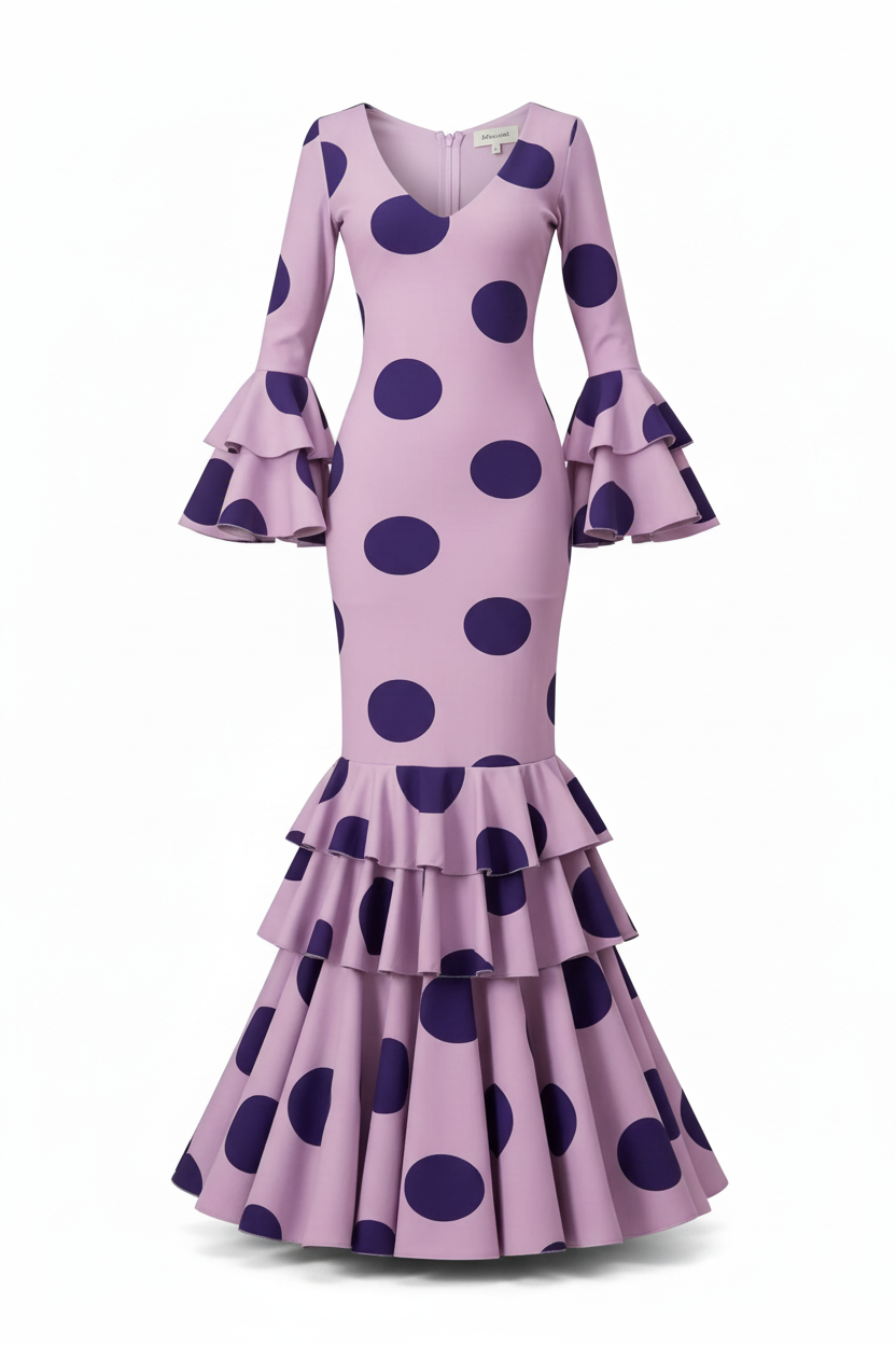 Traje Flamenca Sevillana Premium Licra | Falda Sirena Doble Volante | Mangas Acampanadas Dobles | Made in Italy | Vestido de Flamenca para Fiestas | 21045 - 21045  - LILA MALVA