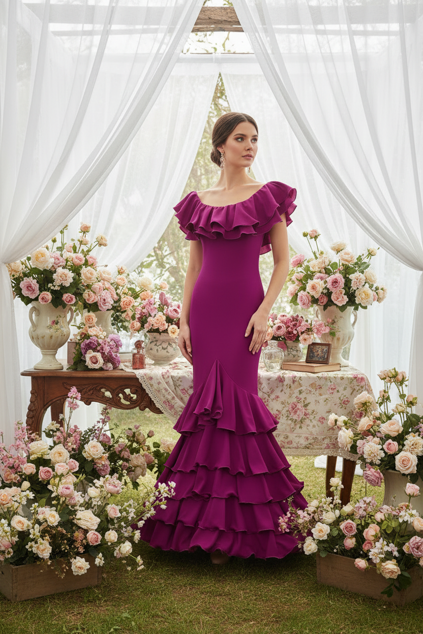Traje de Flamenca EW5 | Vestido Flamenco con Gran Volante y 5 Volantes en Falda