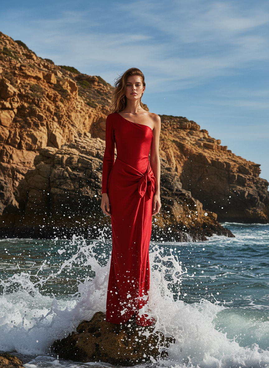 VESTIDO LARGO ELÁSTICO BRILLANTE ROJO 4746