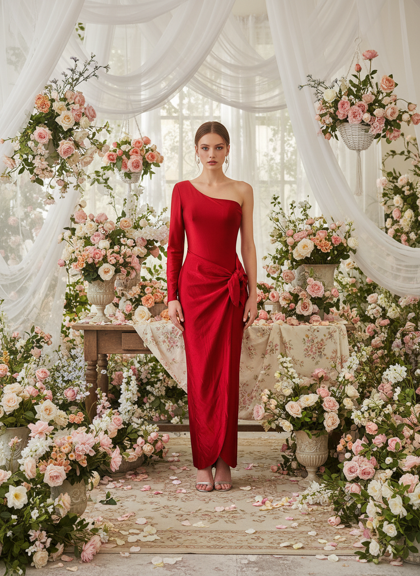 VESTIDO LARGO ELÁSTICO BRILLANTE ROJO 4746