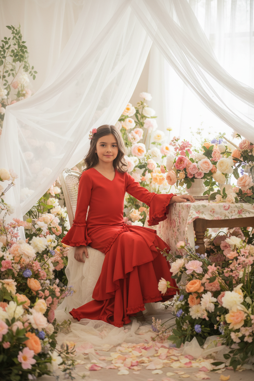 Red Flamenco Dress for Girls - Traditional Design | Ref. KL501