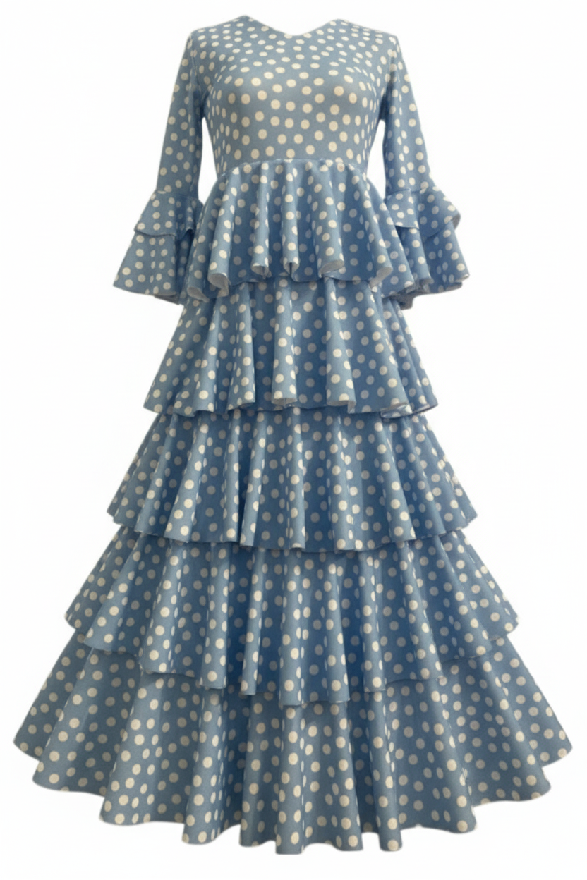 TRAJE FLAMENCA DE NIÑA  AZULES CON LUNARES BLANCOS 221783