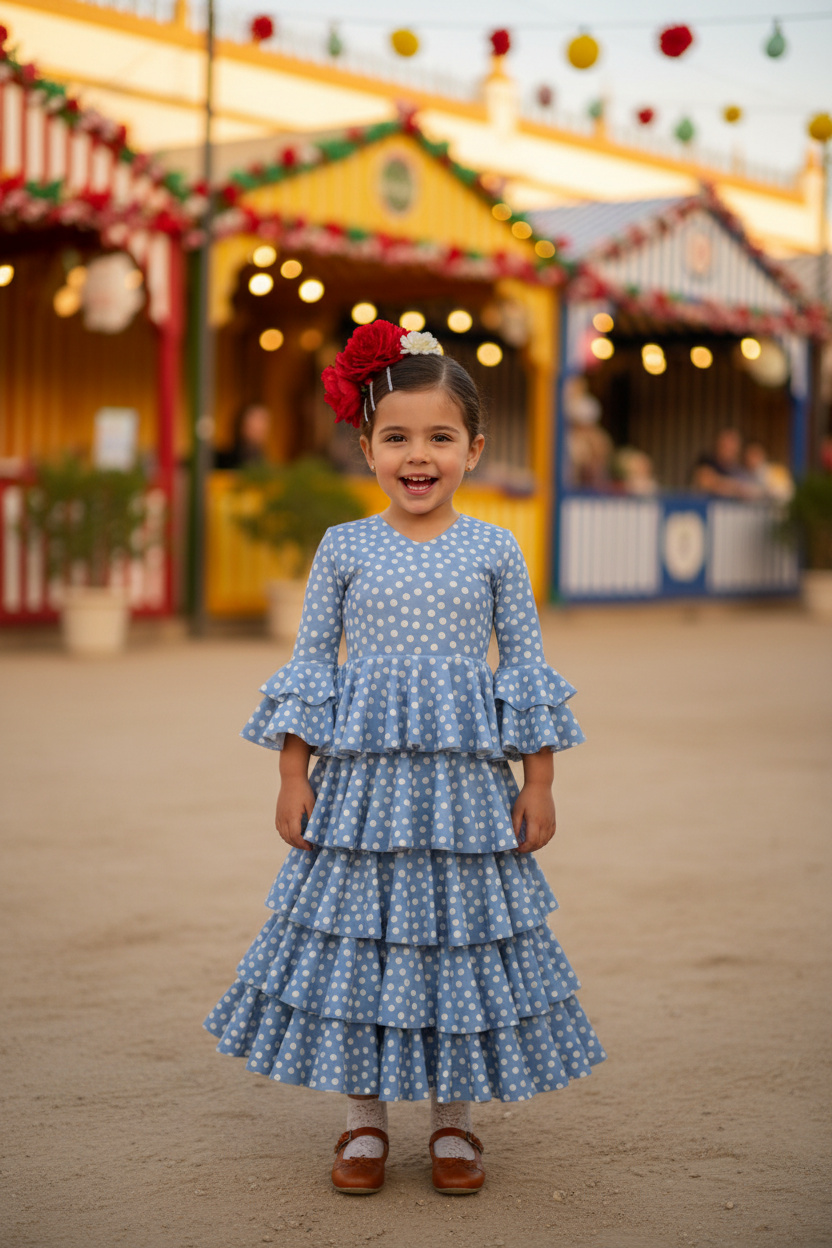 Blue Flamenco Dress for Girls with White Polka Dots | Ref. 221783