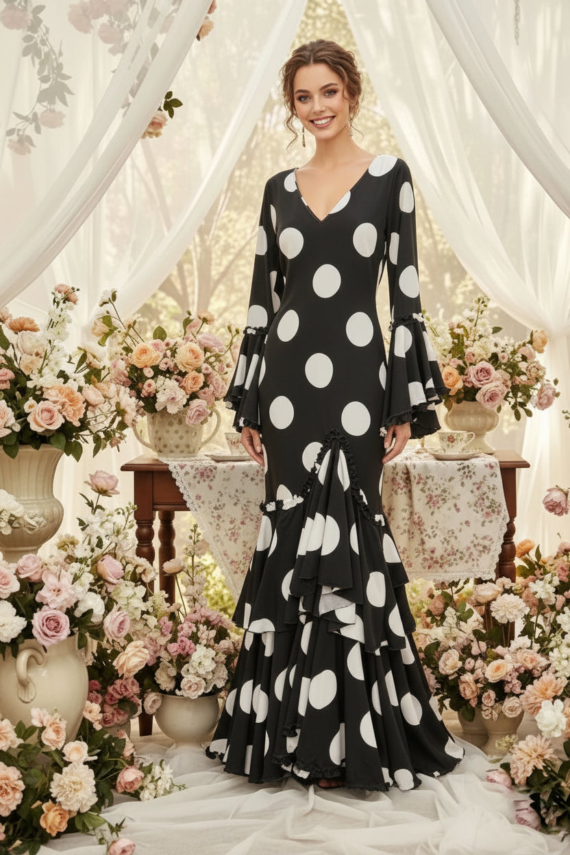 Traje Flamenca Sevillana Premium Licra | Falda Sirena Volantes Múltiples | Made in Italy | Vestido de Flamenca para Fiestas | EM0491-2 NEGRO