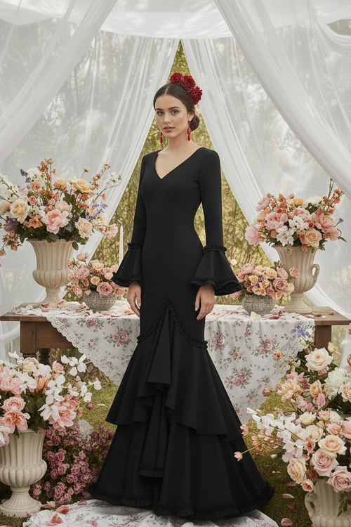 Flamenco Dress EW7 | Flamenco Dress with Black Lace and Ruffles