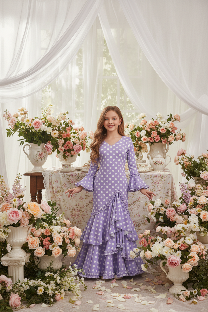 Traje Flamenca Sevillana Niña Premium Licra | Falda Sirena Volantes Múltiples | Made in Italy | Vestido de Flamenca para Fiestas |  KL-501 LILA CON LUNARES BLANCOS - KL-501  - LILA CON LUNARES BLANCOS
