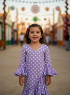 Traje Flamenca Sevillana Niña Premium Licra | Falda Sirena Volantes Múltiples | Made in Italy | Vestido de Flamenca para Fiestas |  KL-501 LILA CON LUNARES BLANCOS - KL-501  - LILA CON LUNARES BLANCOS