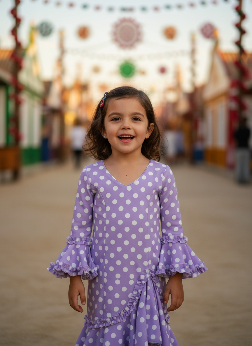 Traje Flamenca Sevillana Niña Premium Licra | Falda Sirena Volantes Múltiples | Made in Italy | Vestido de Flamenca para Fiestas |  KL-501 LILA CON LUNARES BLANCOS - KL-501  - LILA CON LUNARES BLANCOS