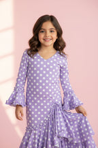 Traje Flamenca Sevillana Niña Premium Licra | Falda Sirena Volantes Múltiples | Made in Italy | Vestido de Flamenca para Fiestas |  KL-501 LILA CON LUNARES BLANCOS - KL-501  - LILA CON LUNARES BLANCOS