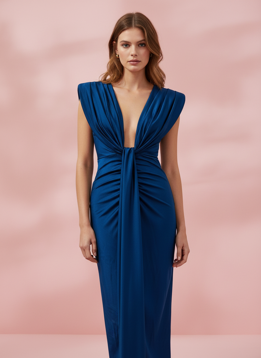 VESTIDO MIDI ELÁSTICO BRILLANTE - AZUL PETRÓLEO - 5484