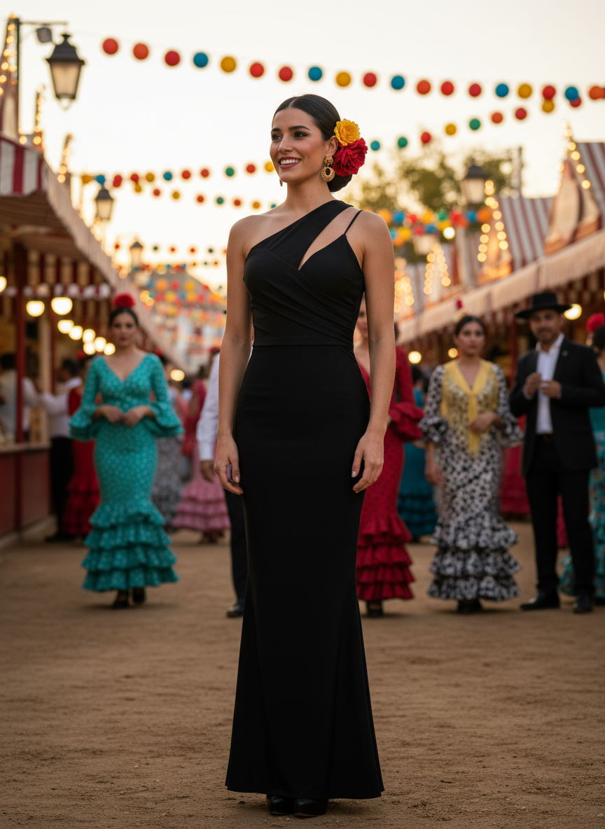 VESTIDO LARGO ELÁSTICO BRILLANTE NEGRO 25017