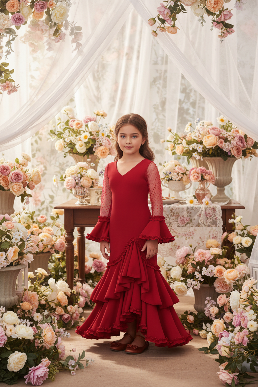 Red Flamenco Dress for Girls - Traditional Design | Ref. KL507