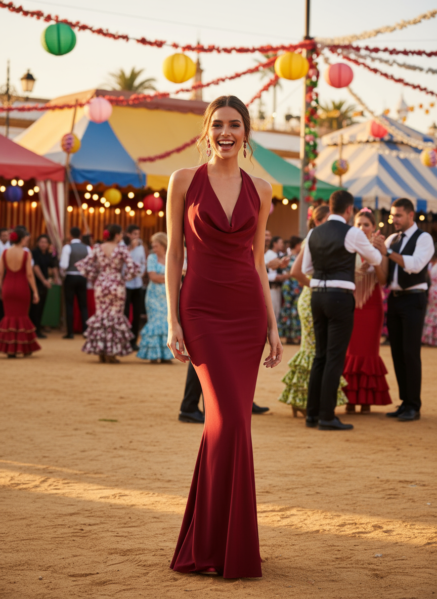 SHINY RED STRETCH LONG DRESS 23917