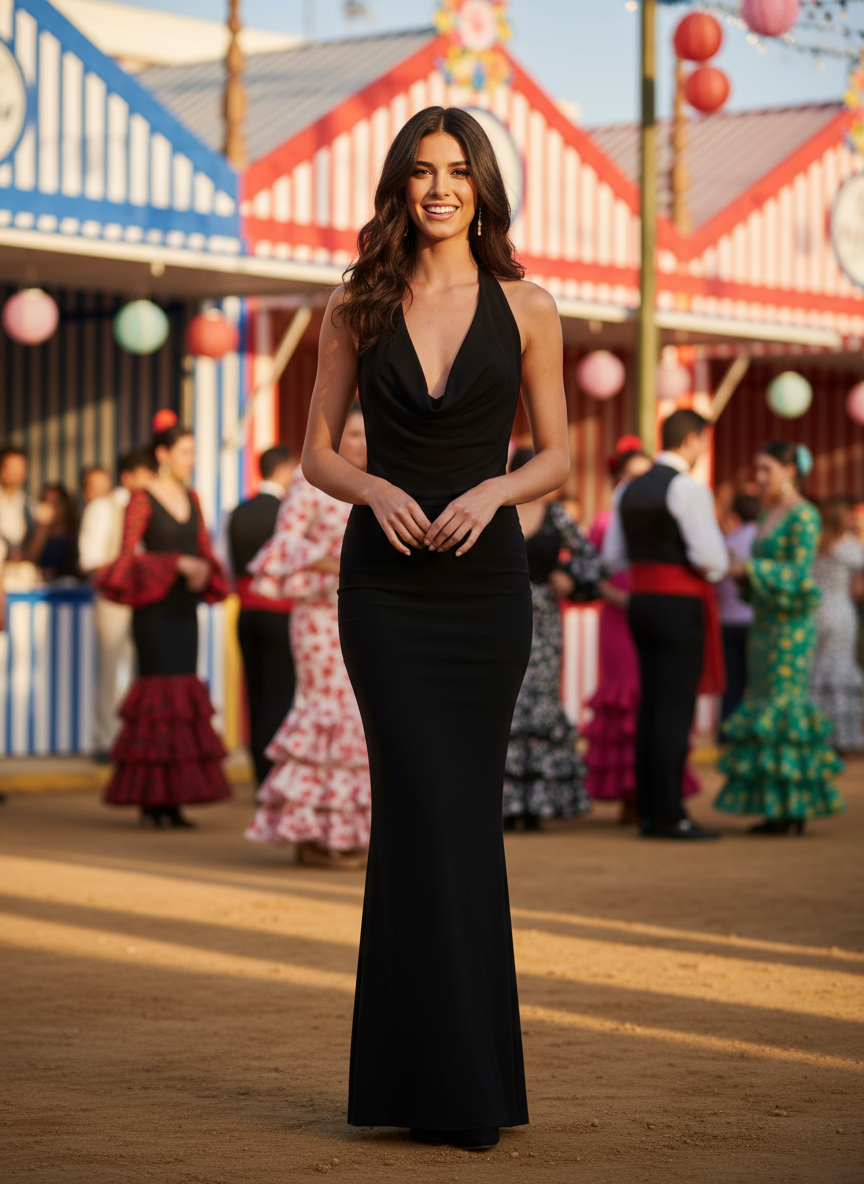 VESTIDO LARGO ELÁSTICO BRILLANTE NEGRO 23917