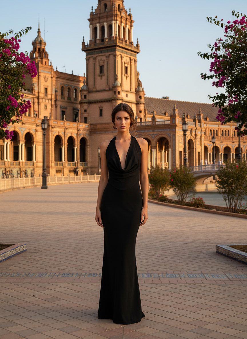 VESTIDO LARGO ELÁSTICO BRILLANTE NEGRO 23917