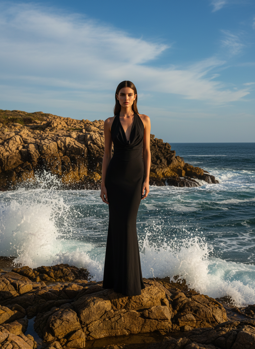 VESTIDO LARGO ELÁSTICO BRILLANTE NEGRO 23917