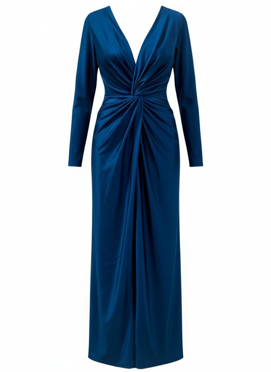 VESTIDO LARGO ELÁSTICO BRILLANTE - AZUL PETRÓLEO - 5047