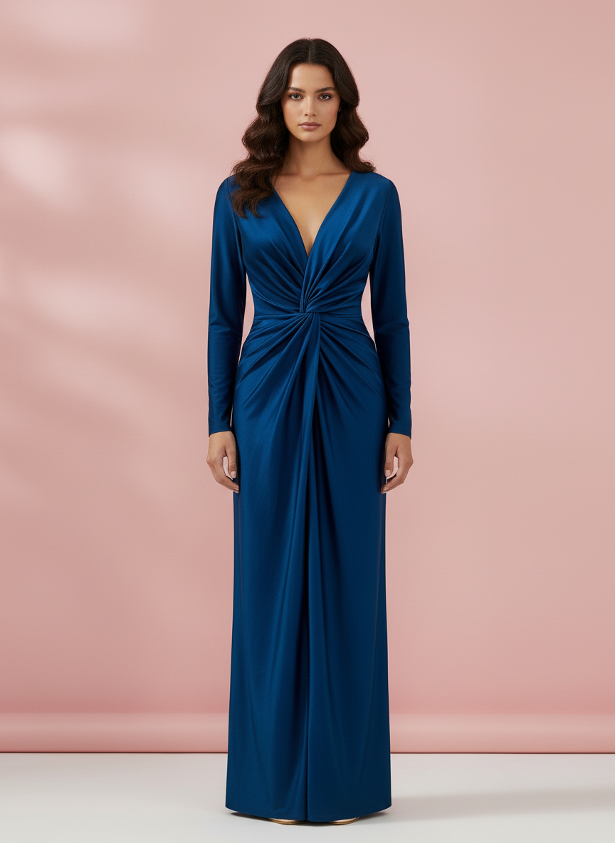 VESTIDO LARGO ELÁSTICO BRILLANTE - AZUL PETRÓLEO - 5047