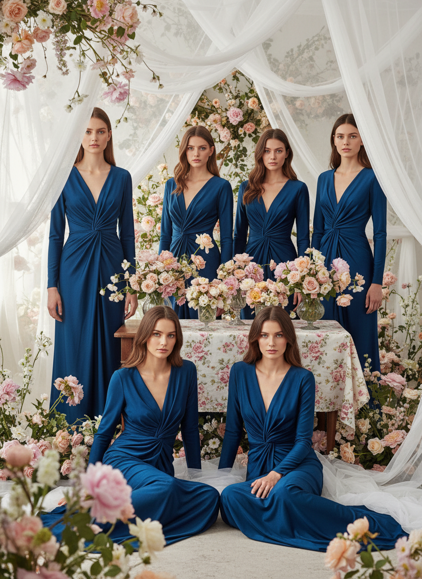 VESTIDO LARGO ELÁSTICO BRILLANTE - AZUL PETRÓLEO - 5047