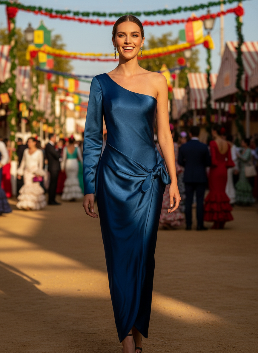 VESTIDO LARGO ELÁSTICO BRILLANTE - AZUL PETRÓLEO - 4746