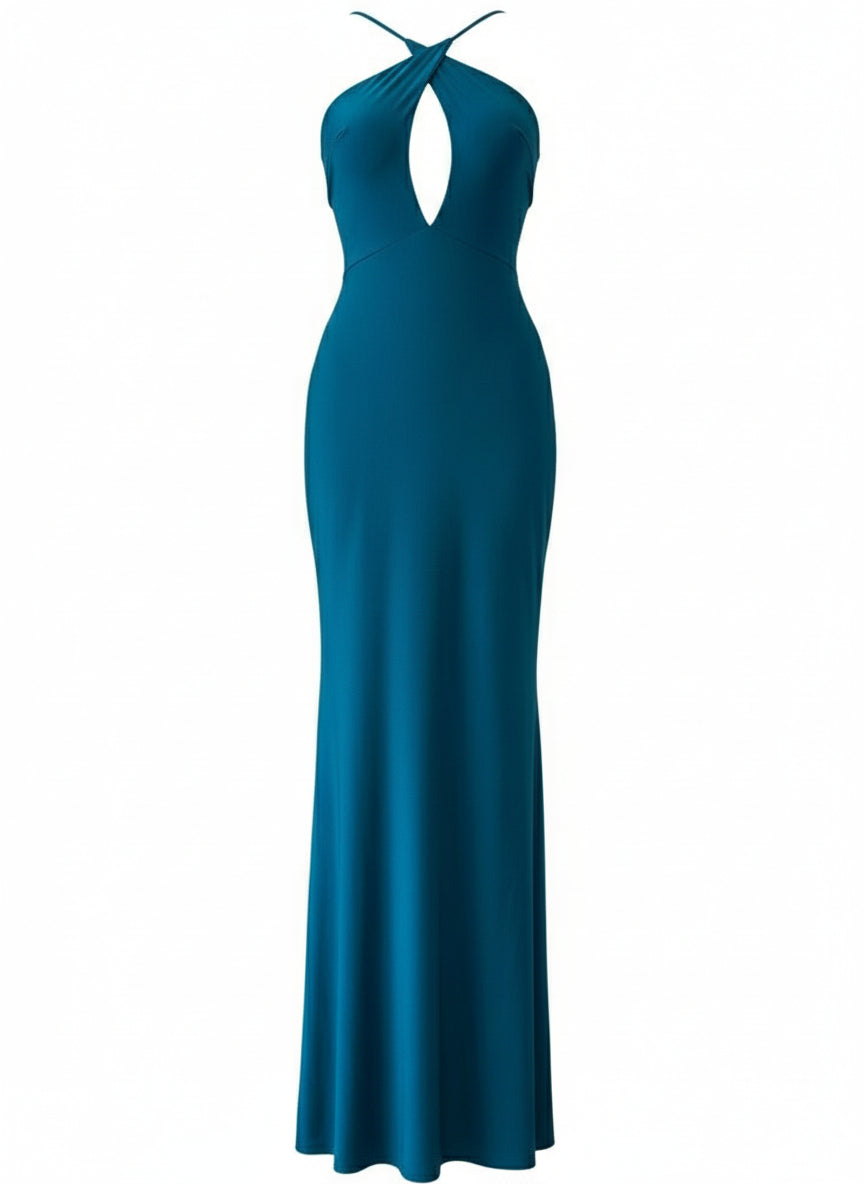 SHINY STRETCH LONG DRESS - PETROL BLUE - 25081