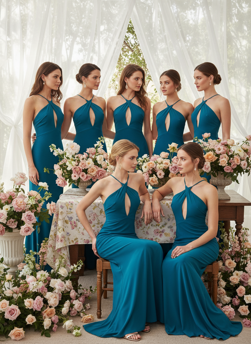 SHINY STRETCH LONG DRESS - PETROL BLUE - 25081