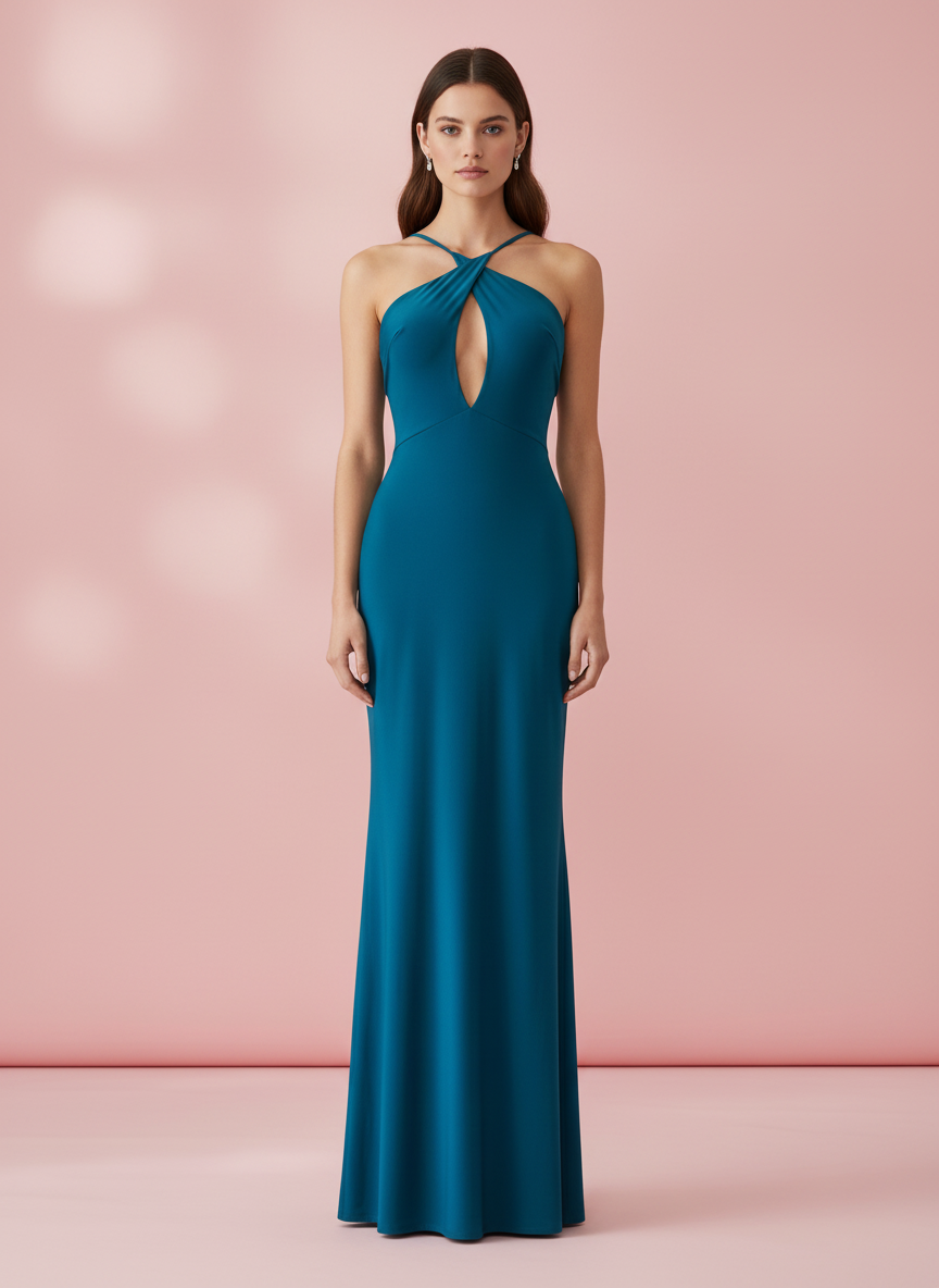 VESTIDO LARGO ELÁSTICO BRILLANTE - AZUL PETRÓLEO - 25081