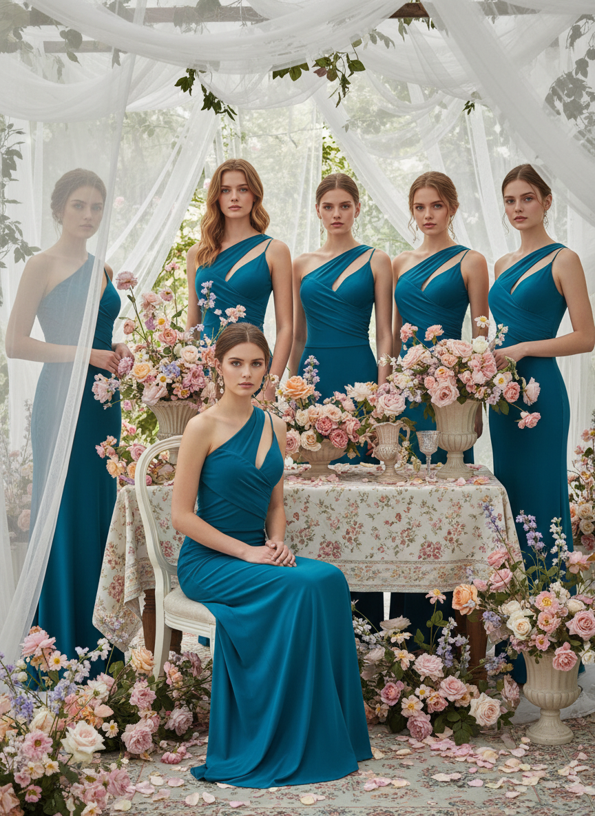 VESTIDO LARGO ELÁSTICO BRILLANTE - AZUL PETRÓLEO - 25017