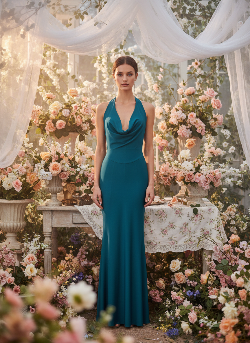 VESTIDO LARGO ELÁSTICO BRILLANTE - AZUL PETRÓLEO - 23917