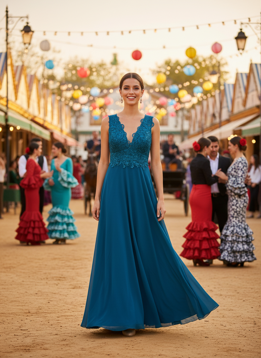 VESTIDO LARGO - AZUL PAVO - 8657