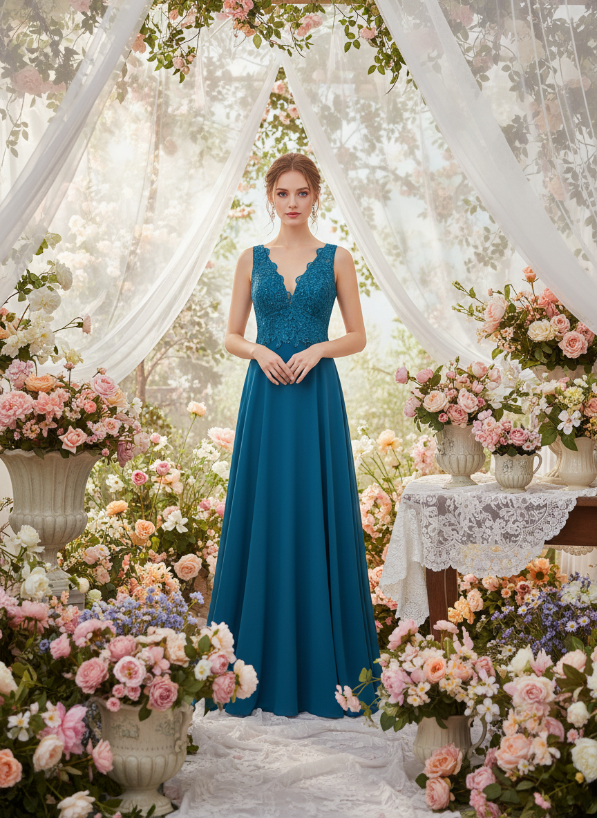 VESTIDO LARGO - AZUL PAVO - 8657