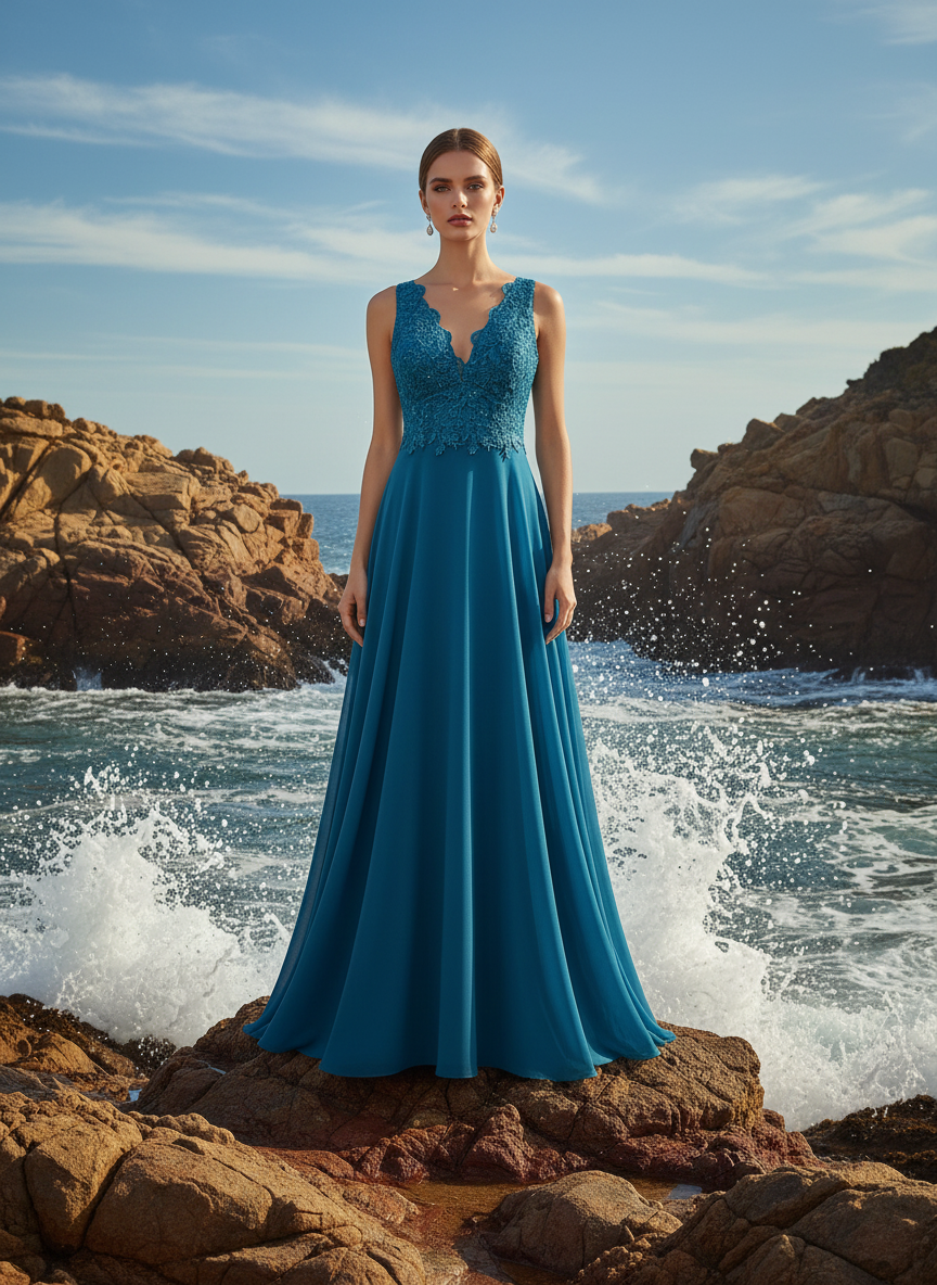 VESTIDO LARGO - AZUL PAVO - 8657