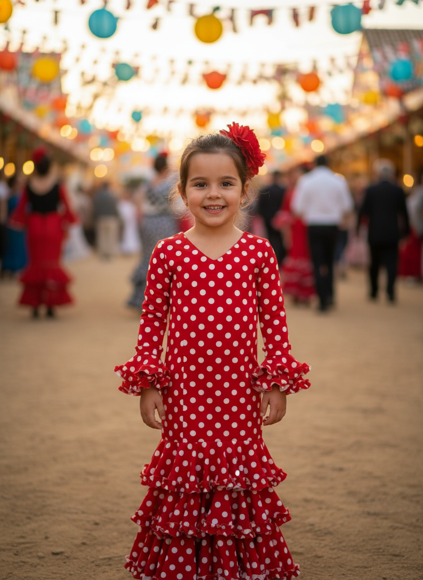 TRAJE FLAMENCA DE NIÑA  ROJO CON LUNARES BLANCOS KL-502