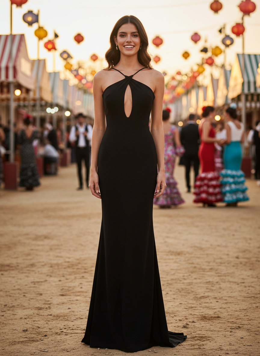 VESTIDO LARGO ELÁSTICO BRILLANTE NEGRO 25081