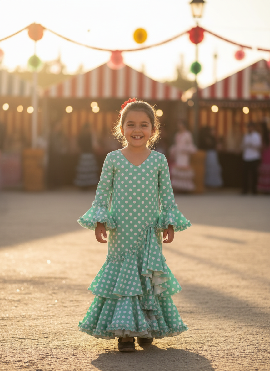 TRAJE FLAMENCA DE NIÑA  VERDE CON LUNARES BLANCOS KL-501