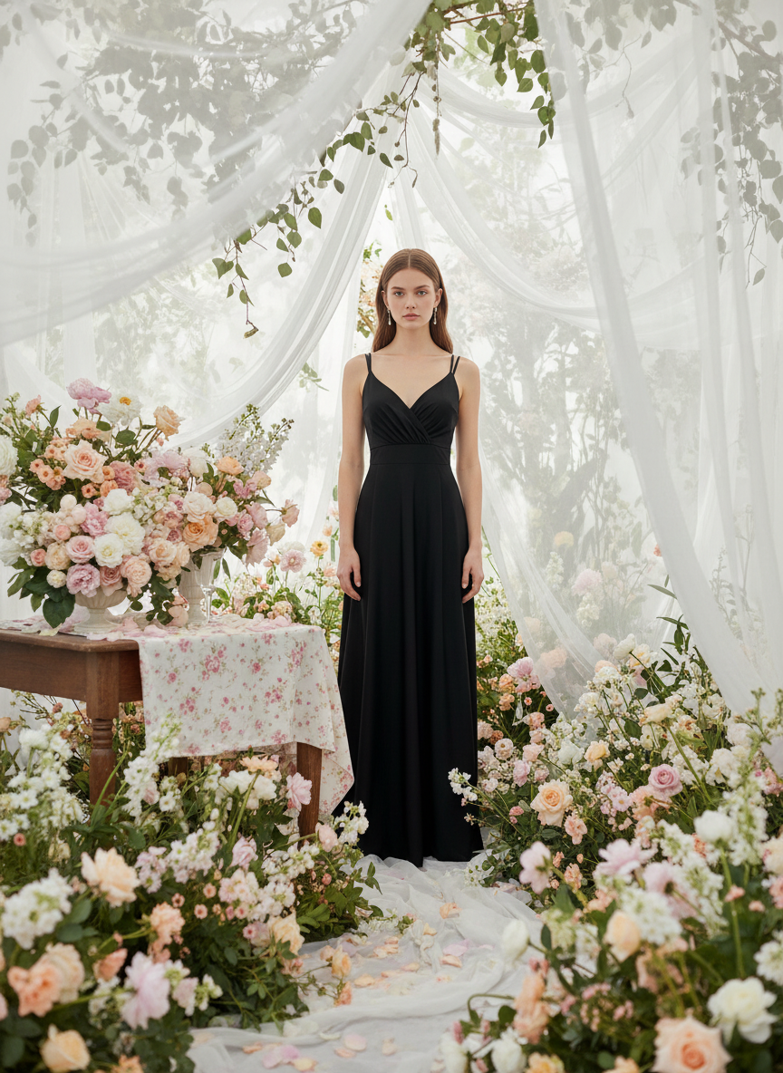 VESTIDO LARGO ELÁSTICO BRILLANTE NEGRO 5034