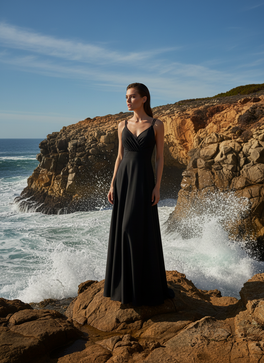 VESTIDO LARGO ELÁSTICO BRILLANTE NEGRO 5034