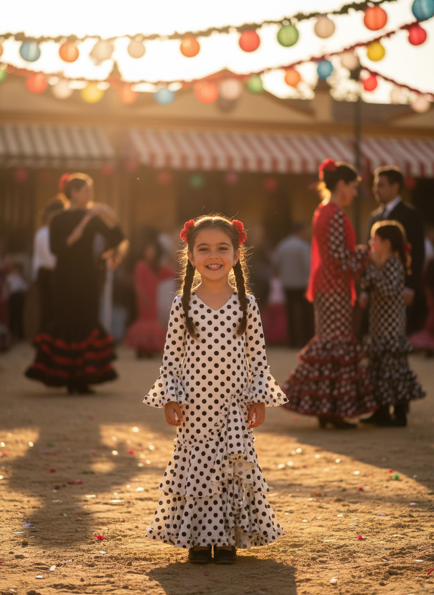 TRAJE FLAMENCA DE NIÑA  BLANCO CON LUNARES NEGROS KL-501