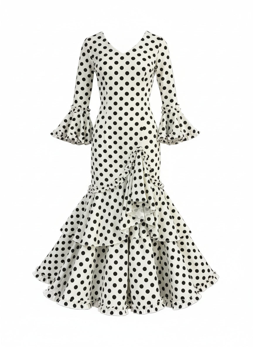 TRAJE FLAMENCA DE NIÑA  BLANCO CON LUNARES NEGROS KL-501