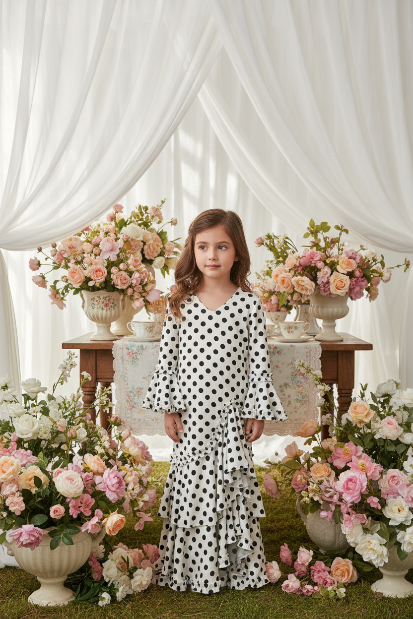 White Flamenco Dress for Girls with Black Polka Dots | Ref. KL-501