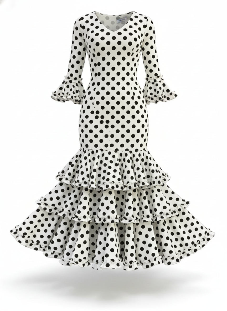 TRAJE FLAMENCA DE NIÑA  BLANCO CON LUNARES NEGROS KL-502