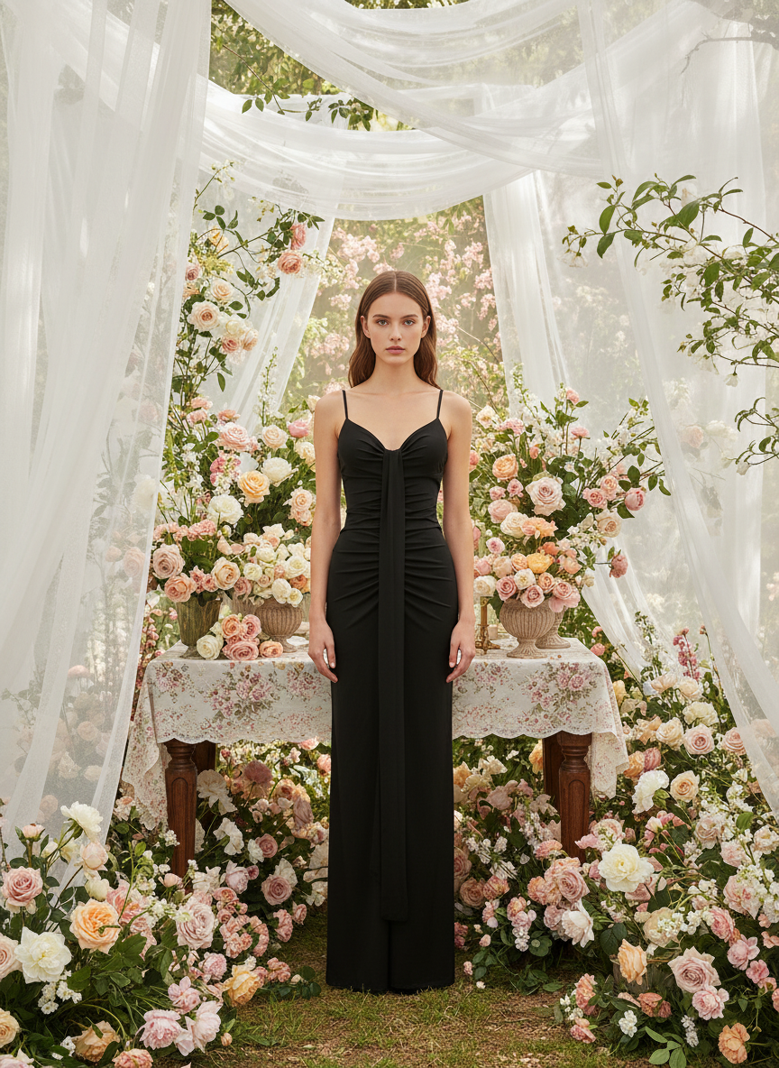 VESTIDO LARGO ELÁSTICO BRILLANTE NEGRO 25088