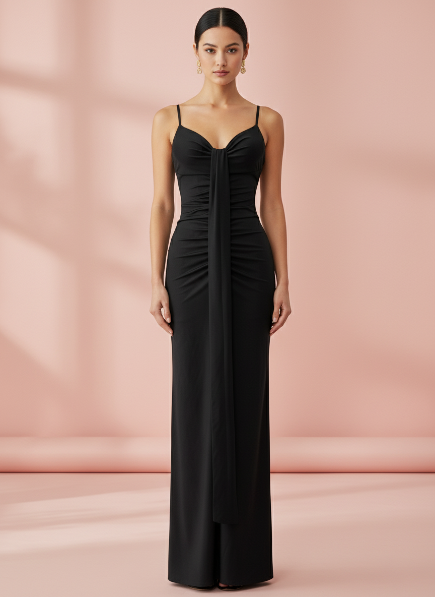 VESTIDO LARGO ELÁSTICO BRILLANTE NEGRO 25088