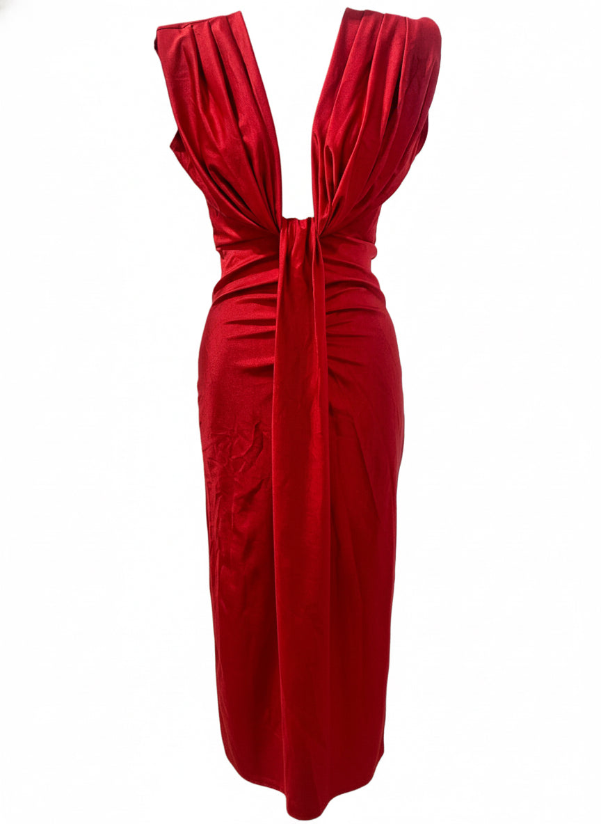 VESTIDO MIDI ELÁSTICO BRILLANTE ROJO 5484
