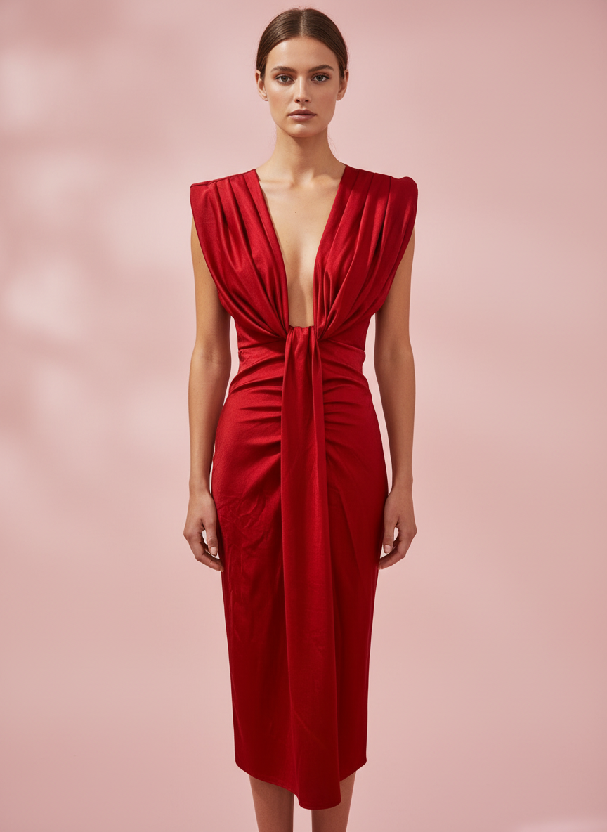 VESTIDO MIDI ELÁSTICO BRILLANTE ROJO 5484