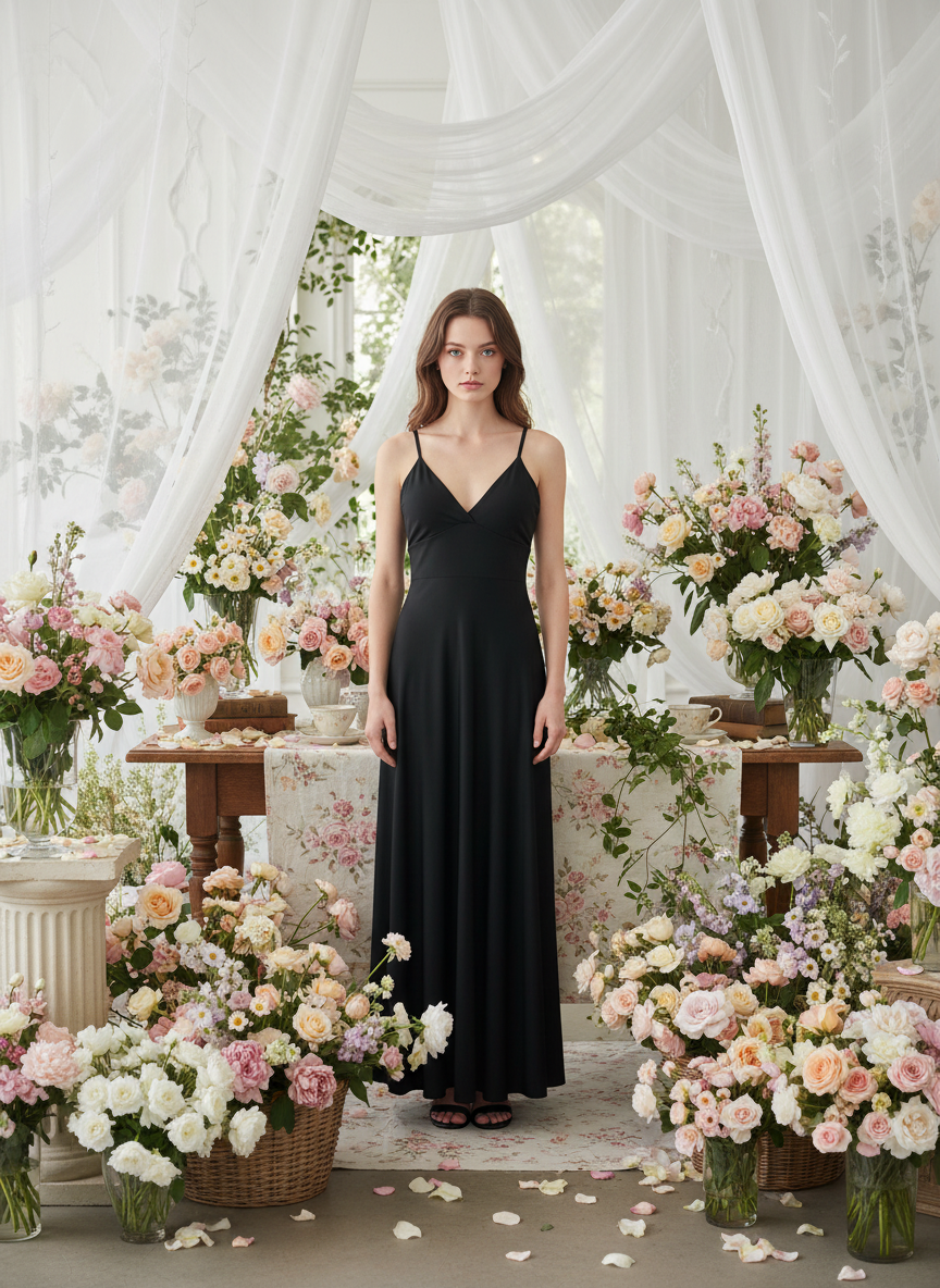 VESTIDO LARGO ELÁSTICO BRILLANTE NEGRO 6241