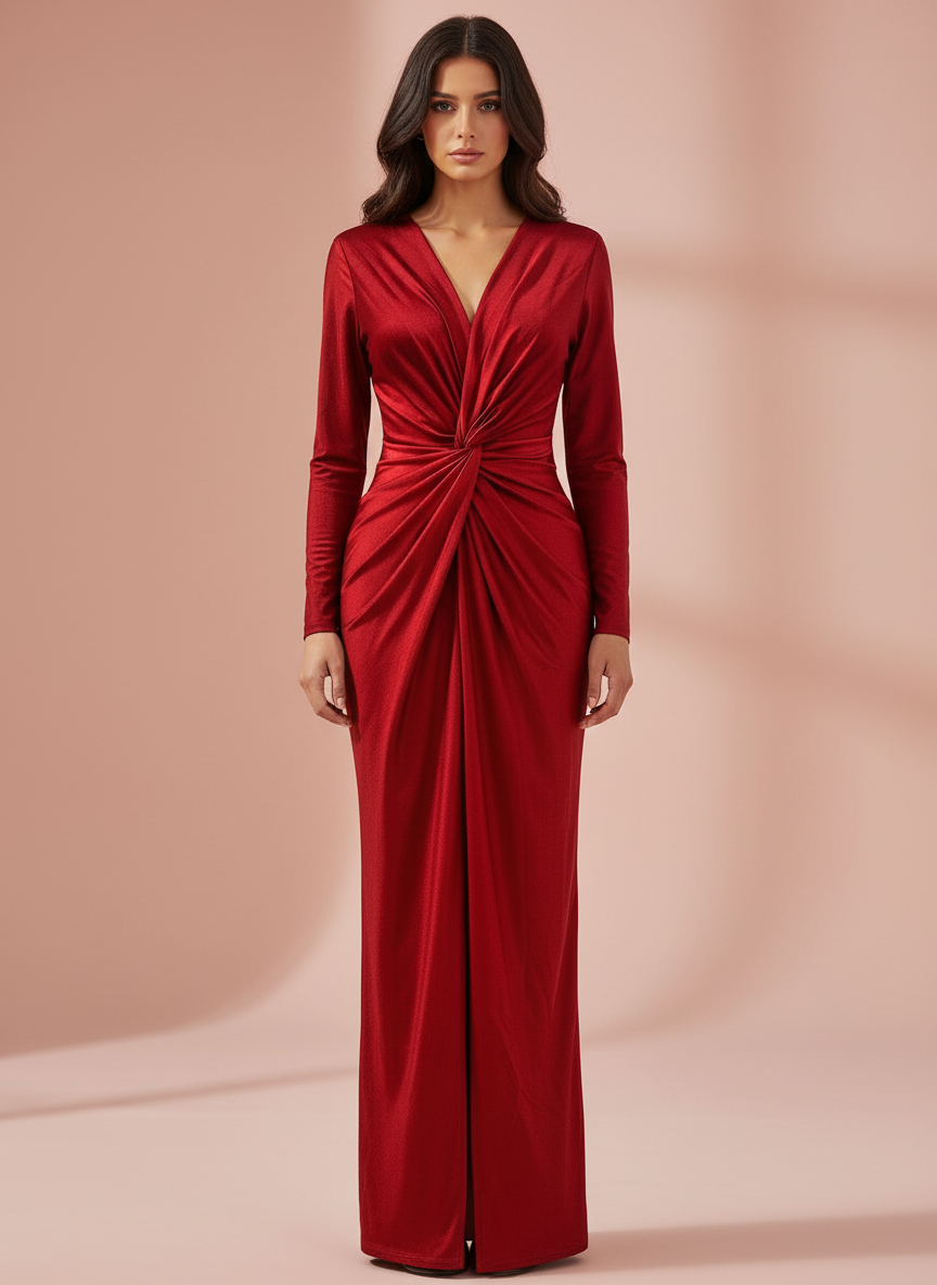 VESTIDO LARGO ELÁSTICO BRILLANTE ROJO 5047