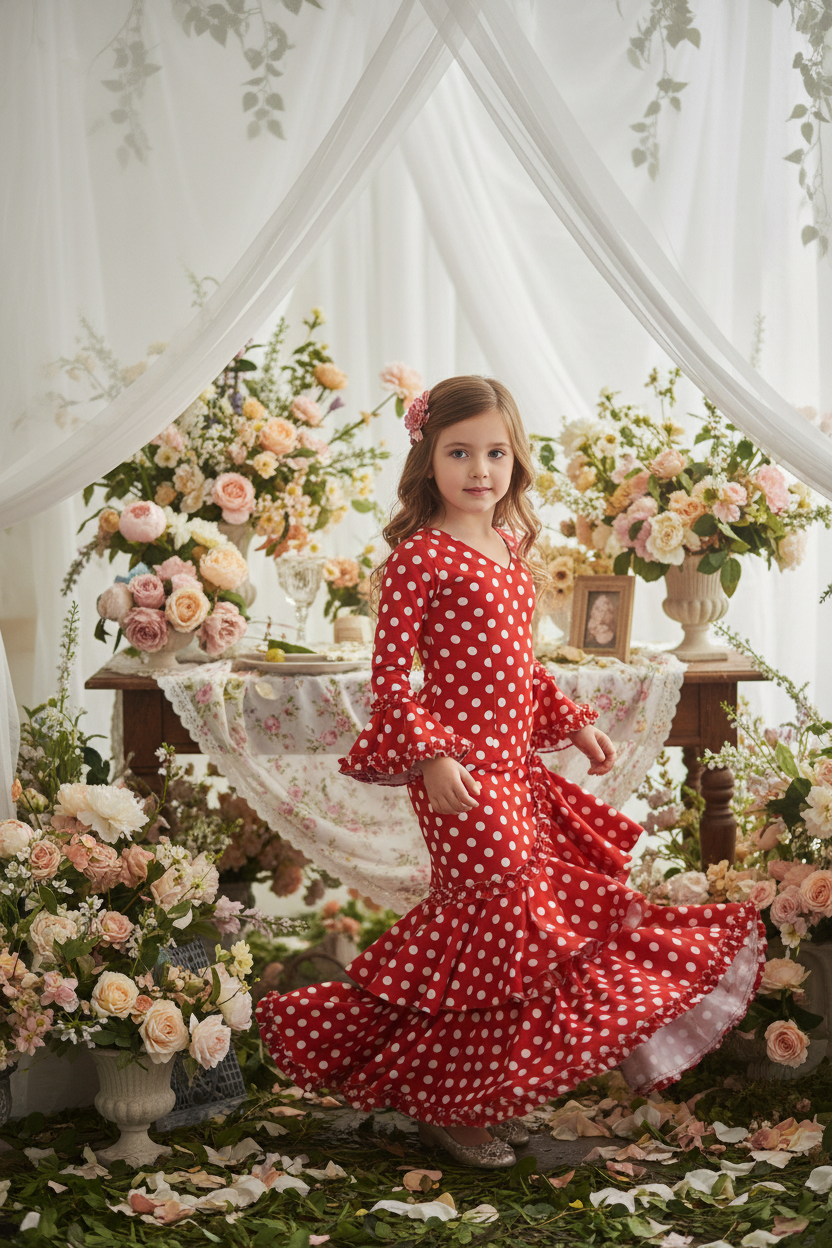Red Flamenco Dress for Girls with White Polka Dots | Ref. KL-501