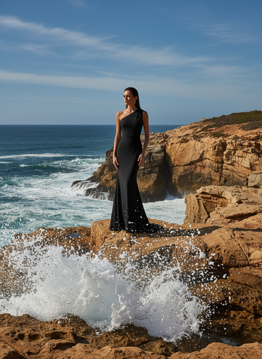 VESTIDO LARGO ELÁSTICO BRILLANTE NEGRO 25129