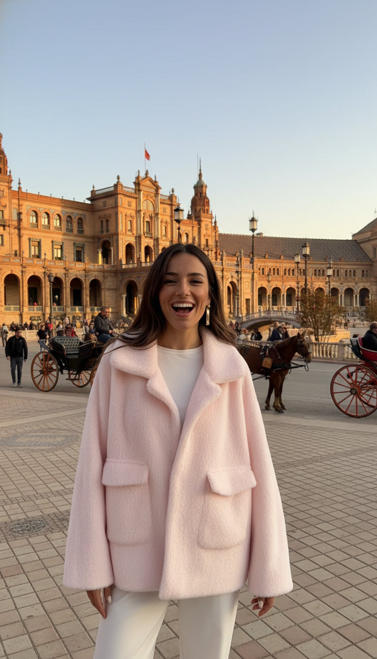 EMMA WU SELECTION Women's Long Sleeve Plush Coat with Loose Lapel and Single Button Closure for Winter, Short Plush Jacket